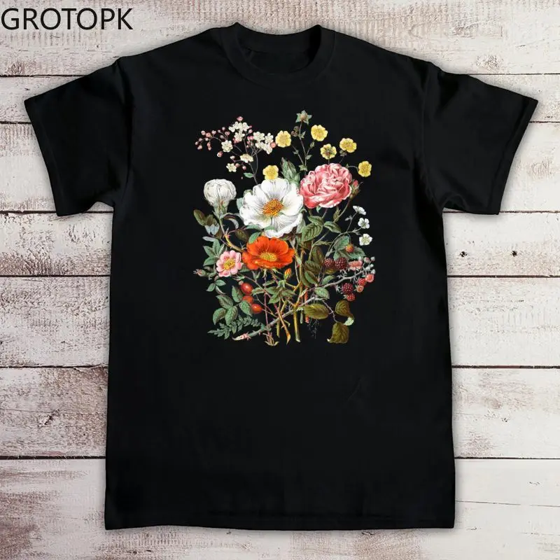 

Футболка мужская черная с рисунком, винтажная тенниска с рисунком растений, цветов и диких цветов в стиле Харадзюку, топ унисекс, лето 2022