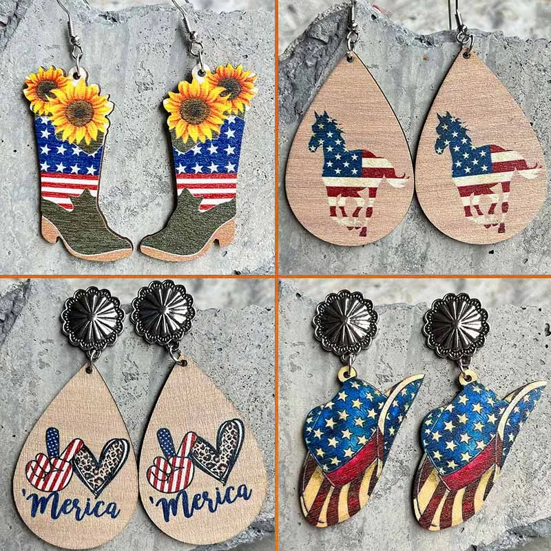 

New American Independence Day Earrings July 4th Festival Decoration Western Cowboy Sun Flower Boots Cowhead Hat Wooden Ear Rings