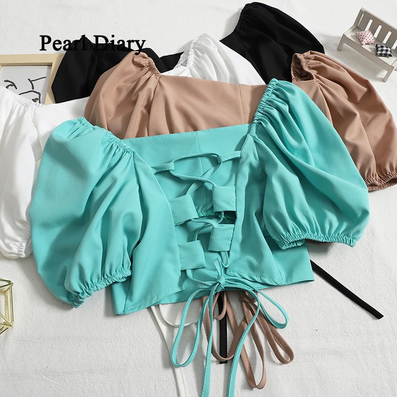 

Pearl Diary Back Lace Sexy Backless Short Solid Color Tops Bubble Sleeves Square Collar New Style Expose The Waist Top Women