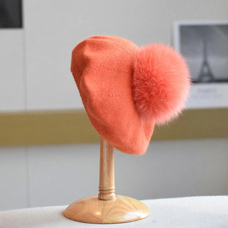 

Beret Pompom Hat Women Winter Angora Knit Beanie Real Fox Fur Warm Soft Skiing Accessory For Sports Outdoors Holiday Luxury