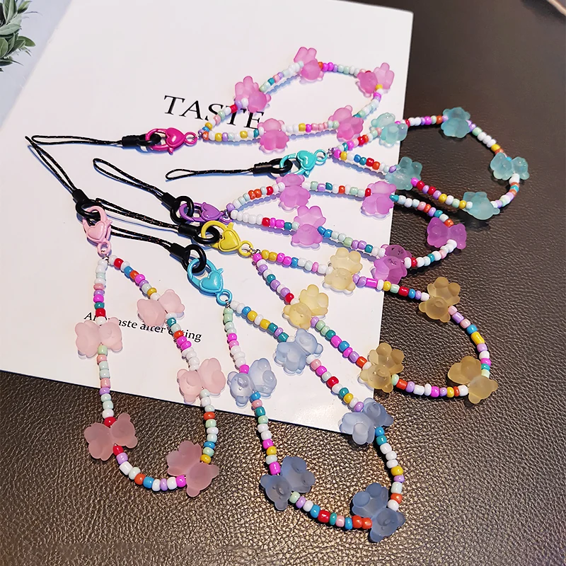 

Creative Hand-beaded Pendant Mobile Phone Lanyard Bear Color Bean Ball Bead Lanyard Wrist Strap Women's Phoneanti-lost Lanyard