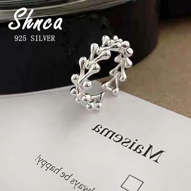 Unique Fashion V Shape Solid 925 Sterling Silver Beads Punk Open Rings For Women Girl Charm Fine Jewelry LR109