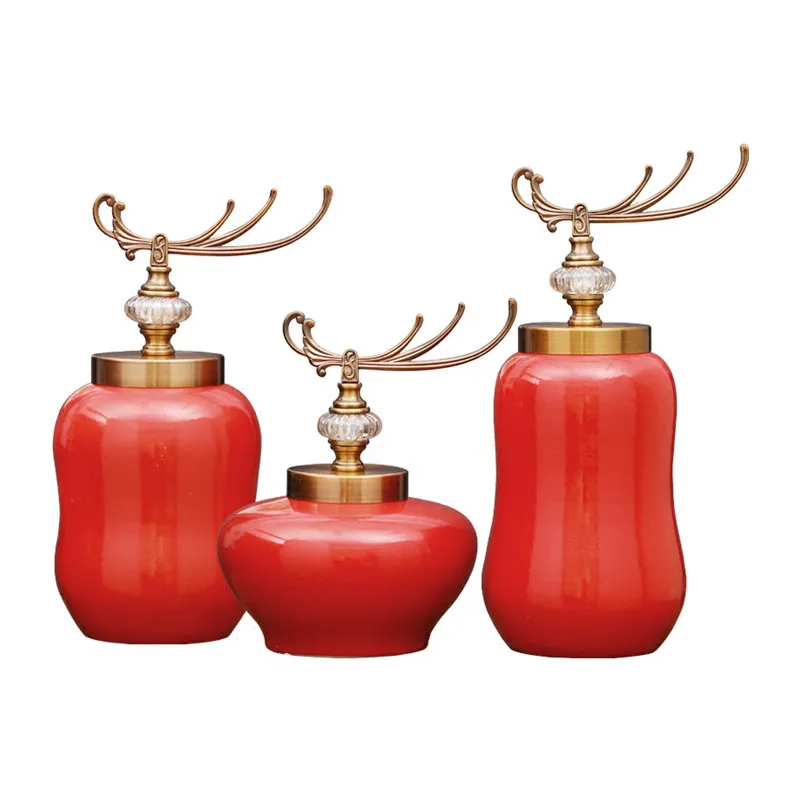 

3pcs/set Modern Creative New House Hotel Decor Red Ceramic Storage Tank Fine Porcelain Flower Vases Birthday Gifts