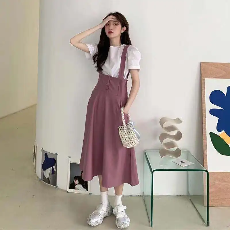 

Women 2022 Summer New Fashion Skirts Suits Female Short Sleeve Solid Tops + Loose Suspender Skirts Ladies Two-piece Sets Y146