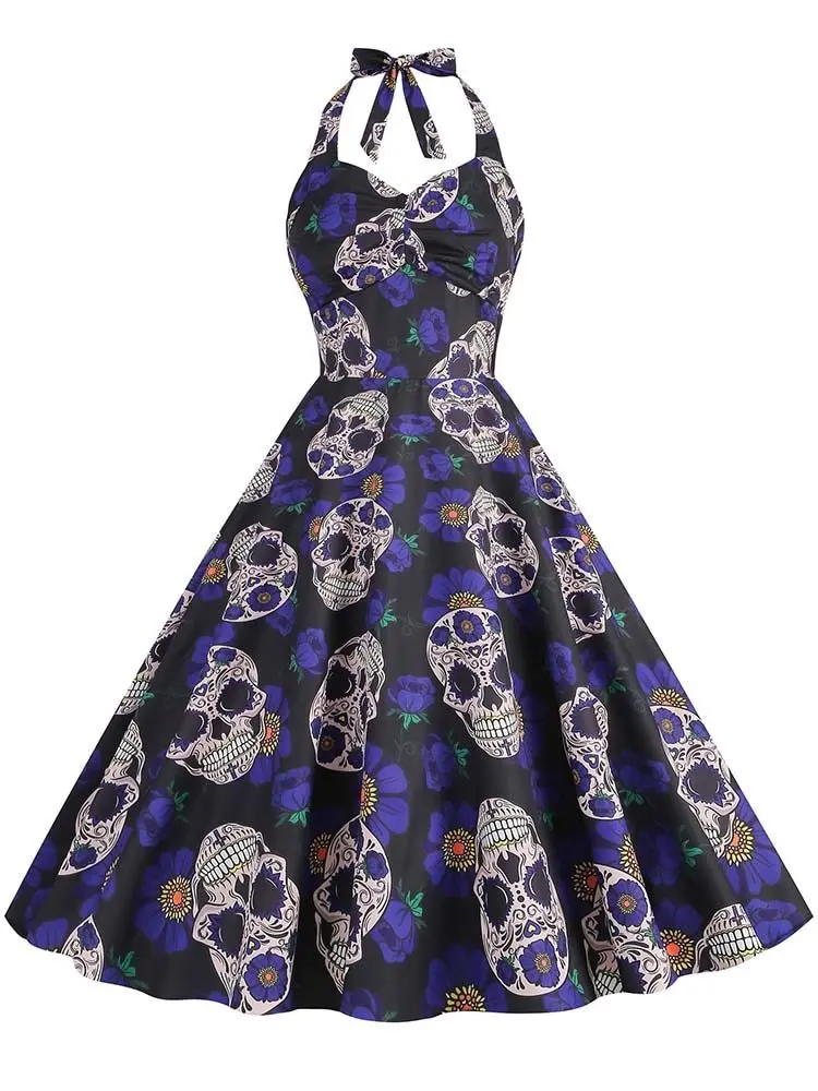 

Print Halloween Costumes for Women Sexy Halter Vintage Midi Dress Evening Party Backless Jurken