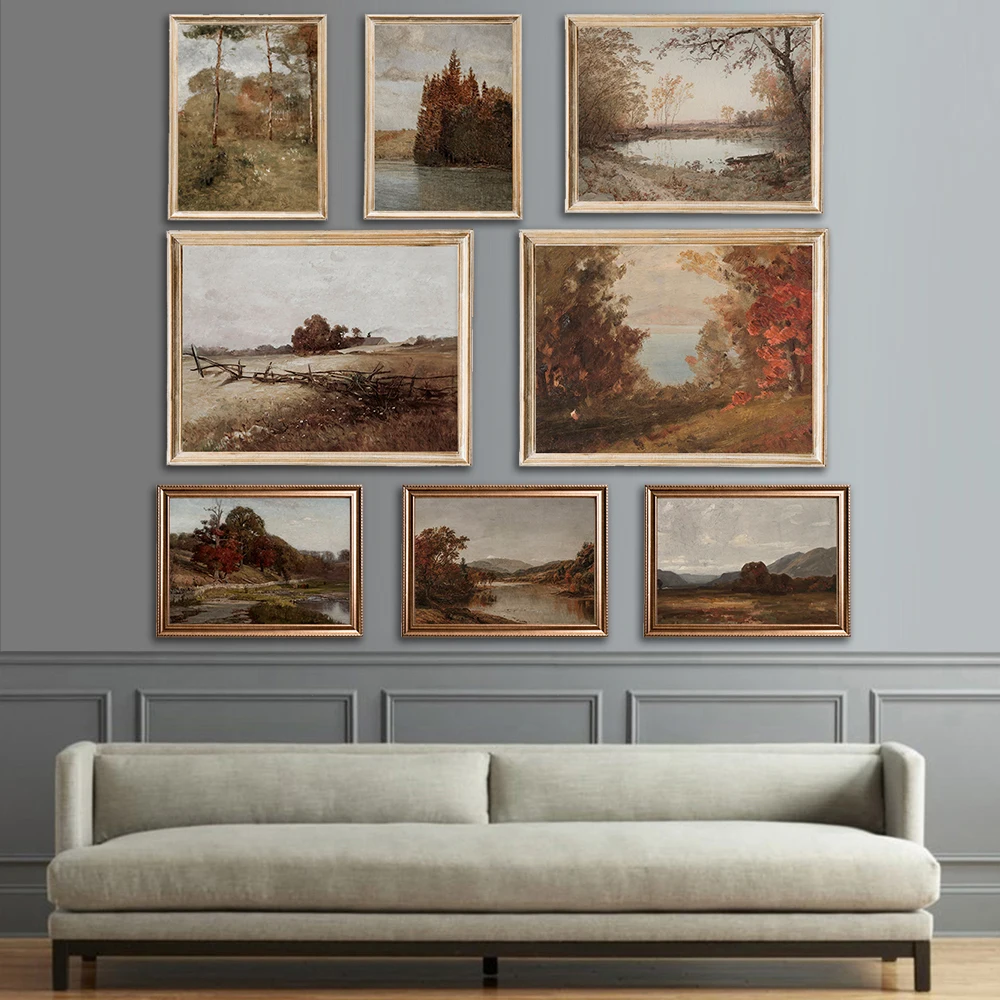 

Nordic Red Maple Mountain Woodland Scenery Rustic Vintage Forest Wall Art Abstract Lakescape Picture Art for Home Decorations