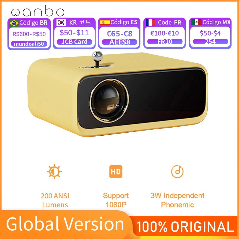 Tanie Globalna Wersja Wanbo X1 Mini Projektor Wsparcie 1080p 200 ANSI Lumen 800*480p Przenośny Projektor LED Pełne Szkło Obiektyw Kina Domowego