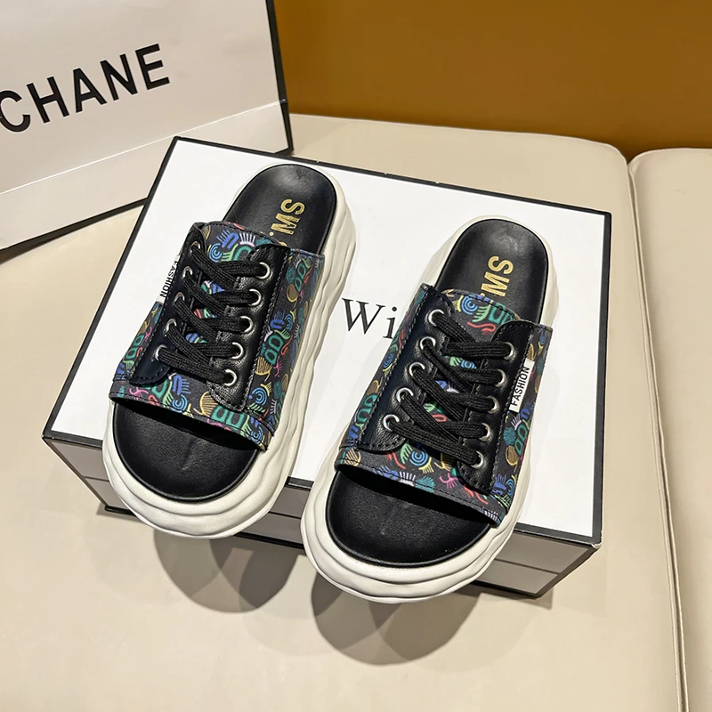 Woman Platform Espadrilles Graffiti Canvas Flat Medium Heels Lona Casual Slippers Luxury Low Heel Sandals Shoes Strap Flip Flops