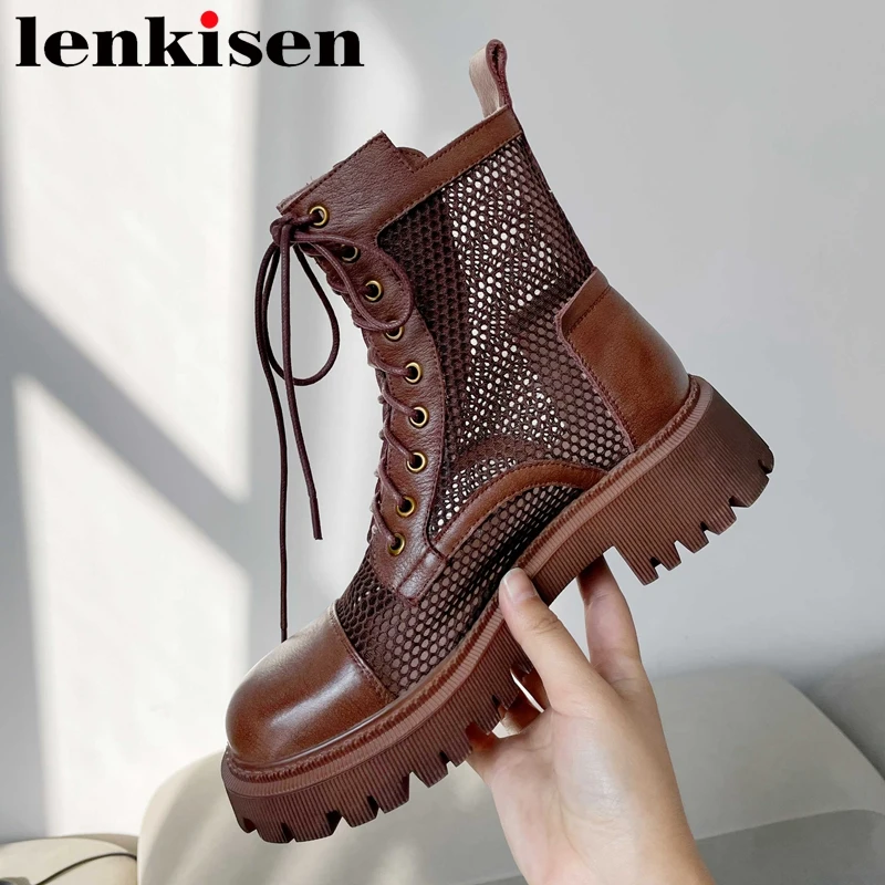 

Lenkisen Large Size Genuine Leather Round Toe Med Heel Summer Boots England Style Retro Fashion Lace Up Classic Ankle Boots L12