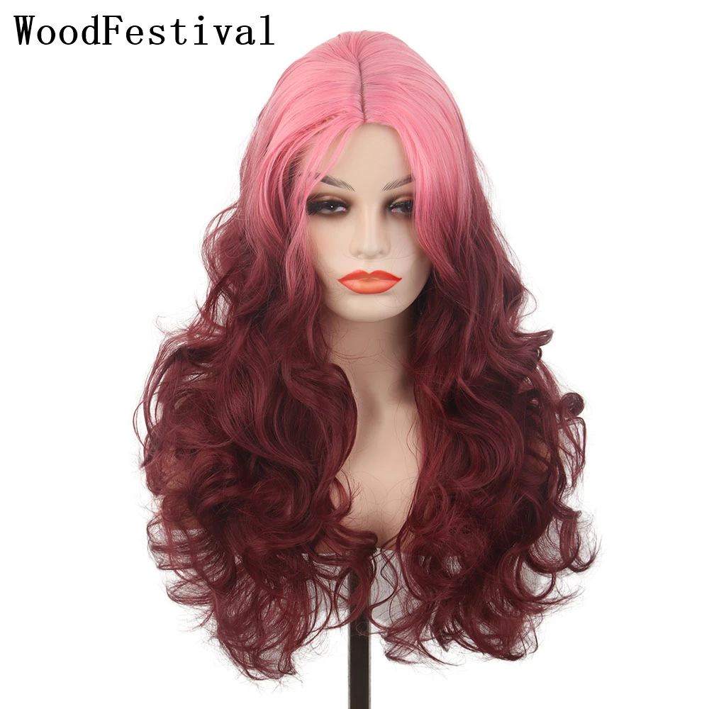 

WoodFestival Synthetic Hair Wig Long Cosplay Wigs For Women Ombre Pink Red Green Blonde Blue Grey Brown Rainbow Black And White