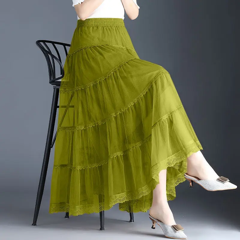 High-end large swing mesh skirt women's 2021 spring and summer new a-line pleated cake skirt drape long  women clothes