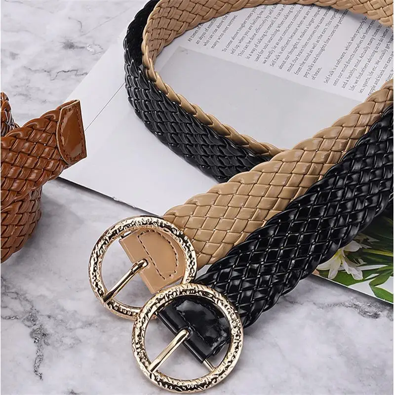 3 Cm New Fashion Women's Braided Belt Bright Color Round Alloy Gold Buckle All-match Women's Waist Accessories