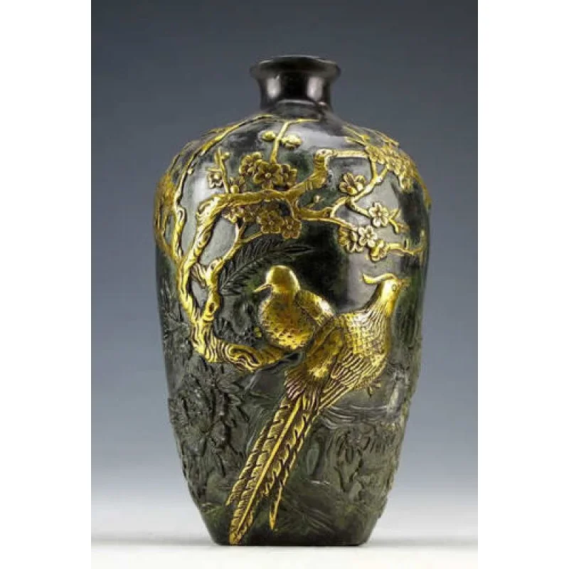 

Collectable Vintage Bronze Statues Gold-plating Flower Bird Vase Signed Pot 20cm