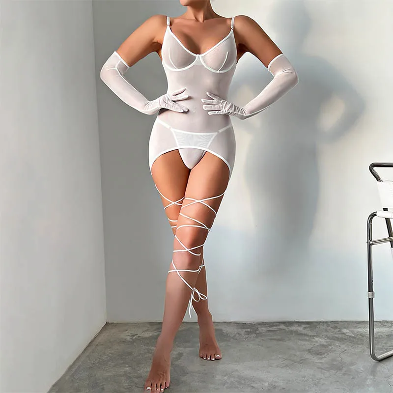 

Black Lingerie Uncensored Sexy Perspective Underwear with Gloves Slim Gathers Bandage Sensual Bra and Thong Erotic Outfits 2024