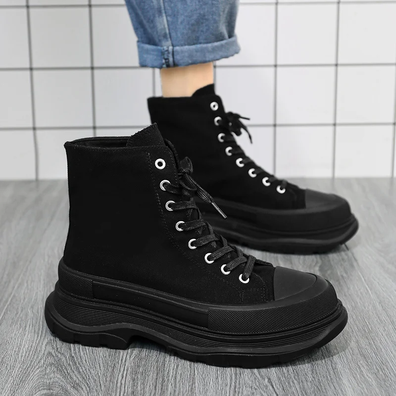 

Black Warrior High-Top Shoes Men's Height Increasing 2022 New Winter All Black Canvas All-Matching Men's Dad Shoes Ins Fashion