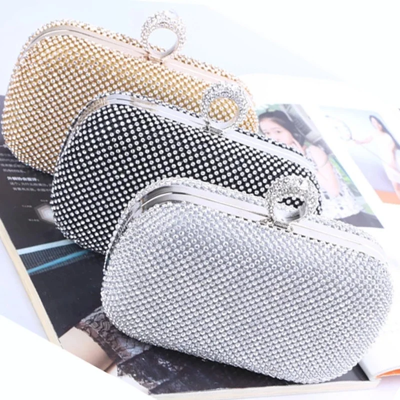 

Женский вечерний клатч с кристаллами, Роскошный дизайнерский кошелек-мешок с металлической цепочкой и ручкой в виде кольца, блестящий кошелек для свадебной вечеринки
