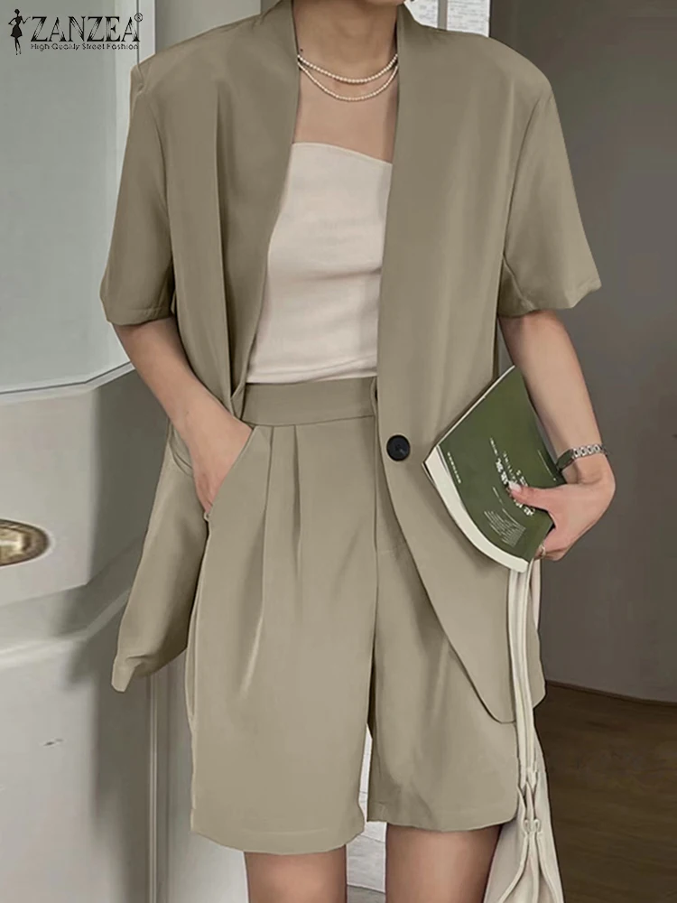 

Fashion Lapel Neck Oversizd Office Summer Blazer Suits for Women 2022 ZANZEA Elegant Solid Tracksuit Casual Short Sleeve Outfit