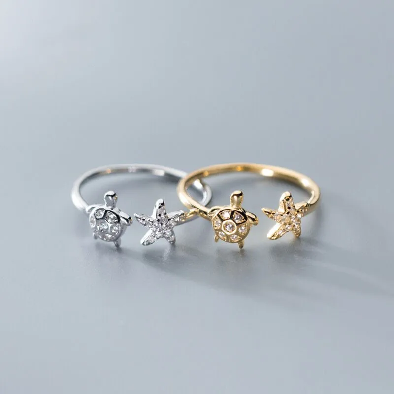 

925 Sterling Silver Starfish Turtle Rings Light Luxury Charm Finger Female Gold Plated Opening Adjustable Accessories Gift