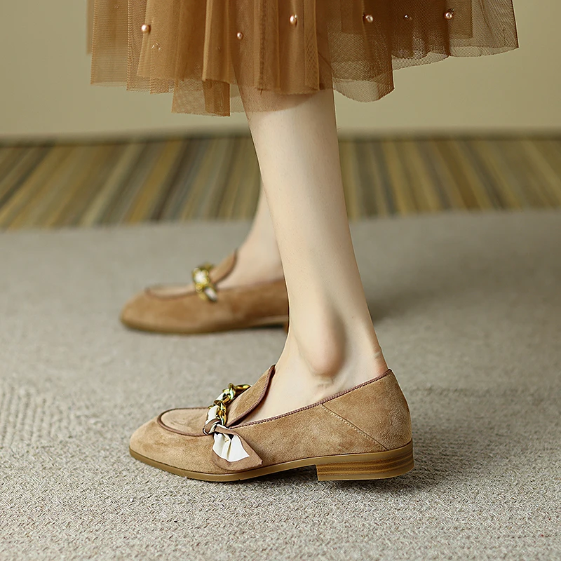 Female Muller Shoes With Chains Round Toe Handmade Ladies Daily Loafers Flat Shoes Woman Slip On Kid Suede Outdoor Flats