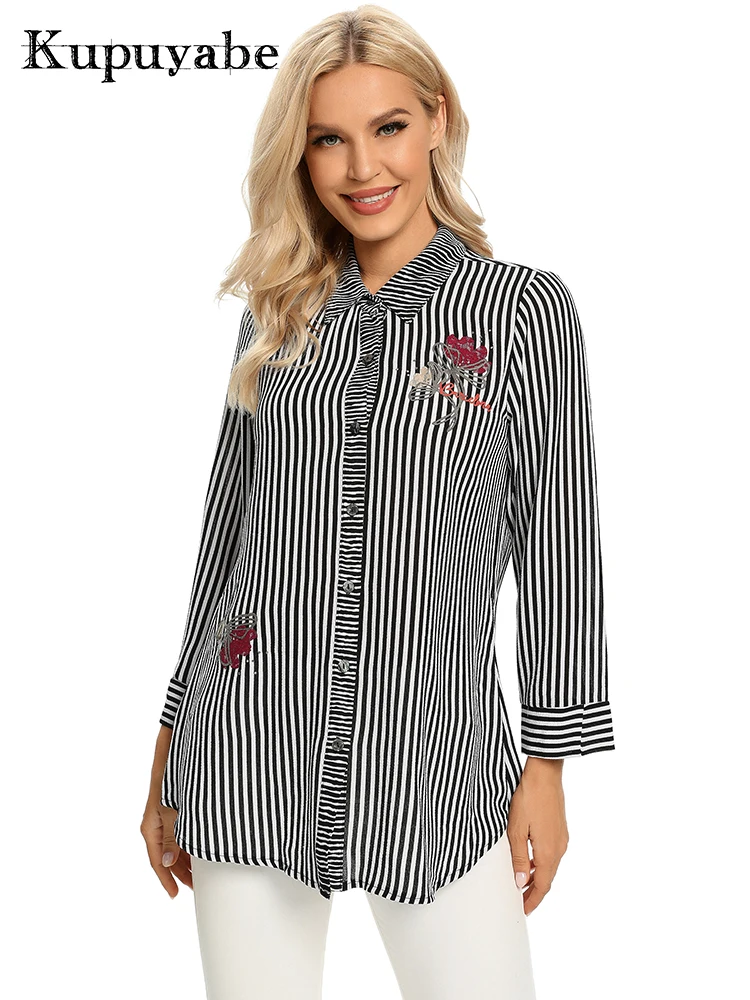 

KUPUYABE Women's Shirt Polyester Striped Lapel Long Sleeve Printed Casual Button Top