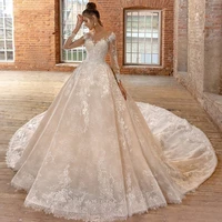luxurious o neck wedding dress lace up long sleeve boho backless bridal gown appliques ball gown big sweep train robe de mari%c3%a9e
