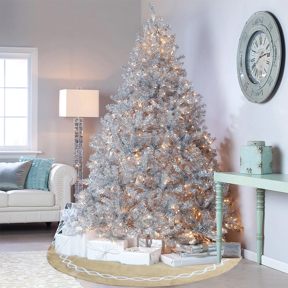 

Ornament Christmas tree skirt Gift Linen Luxury Modern Decoration Embroidery Festival Floor protector Durable.