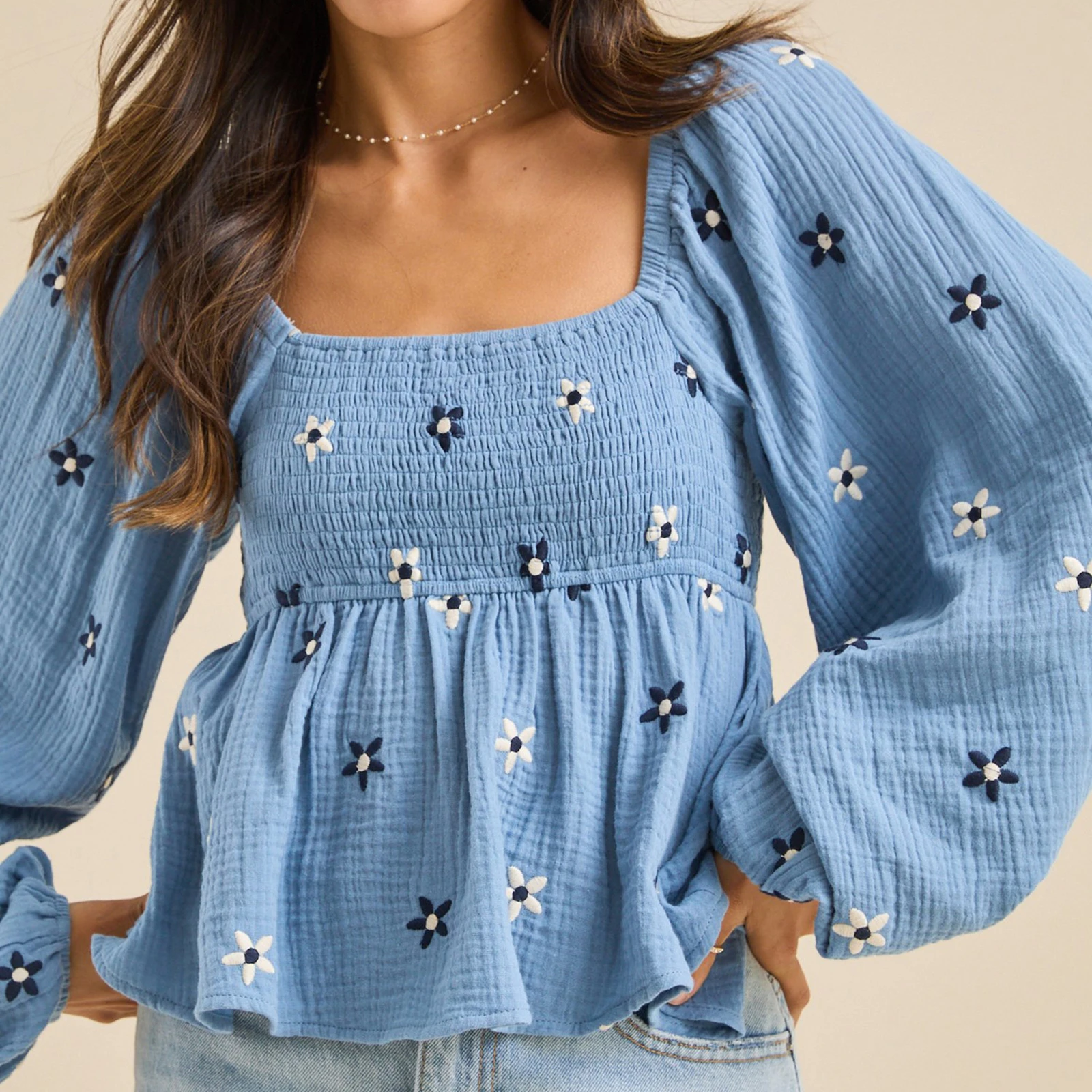 Женские модные футболки с цветочной вышивкой длинные рукава воздушным шаром