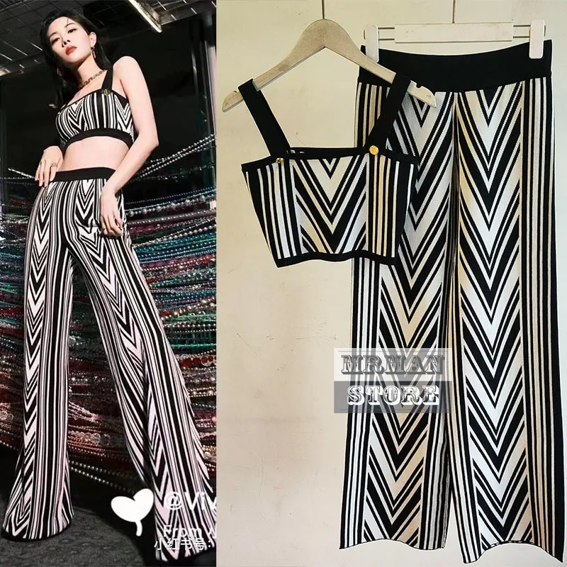 

RUNWAY 2022 BRANDED Geometric Jacquard Sexy Tube Copped Tops + High Waist Sexy Flare Pants Knit Two Piece Set Outfits for Women