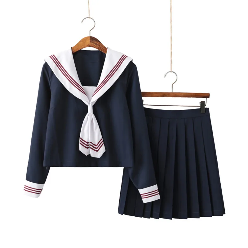 

Japanese High School Sailor Suit Navy Cosplay Costumes Student Girls JK Suit Three Lines Woman School Uniform Pleated Skirt