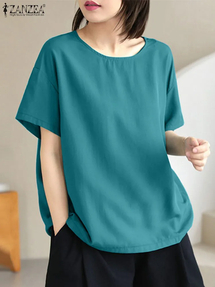 

ZANZEA Fashion Solid Women's Blouse Tops Female Short Sleeve O-Neck Loose Shirt Summer Elegant Casual Cotton Blusas Mujer 2023