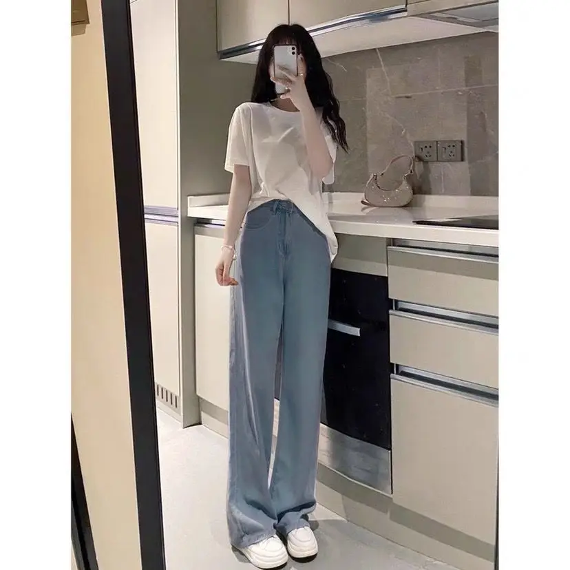 

Women 2022 Summer Fashion Student Suits Female Short Sleeve T-shirt + Loose Wide Leg Jeans Pants Ladies Two-piece Sets R111