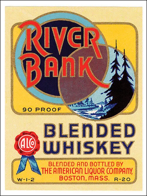 

Vintage River Bank blended whiskey label ad reproduction steel sign bar decor