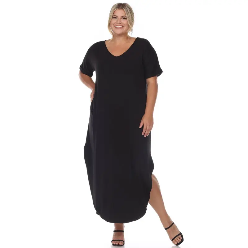 

Women`s Plus Size Short Sleeve V-neck T-shirt Maxi Dress with Pockets