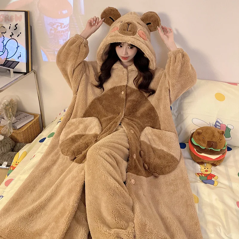 Новая коралловая бархатная одежда для сна милая капибара Loopy Chiikawa длинный халат с