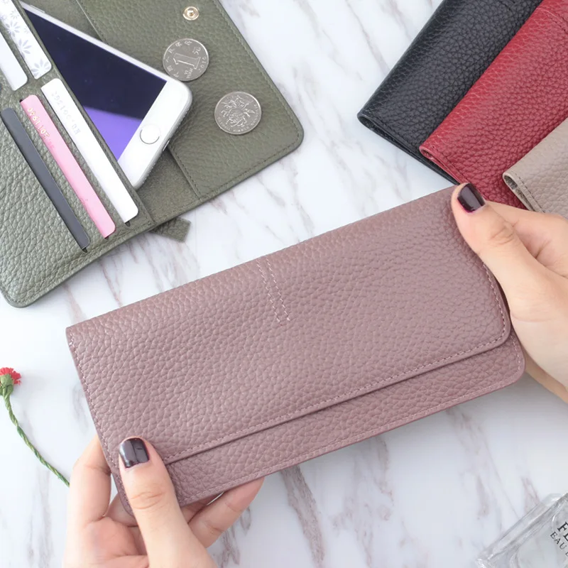 

Genuine Leather Women Wallet Fashion Solid Color Coin Purse Multifunctional Cowhide Female Long Women Purses Zipper Card Holder