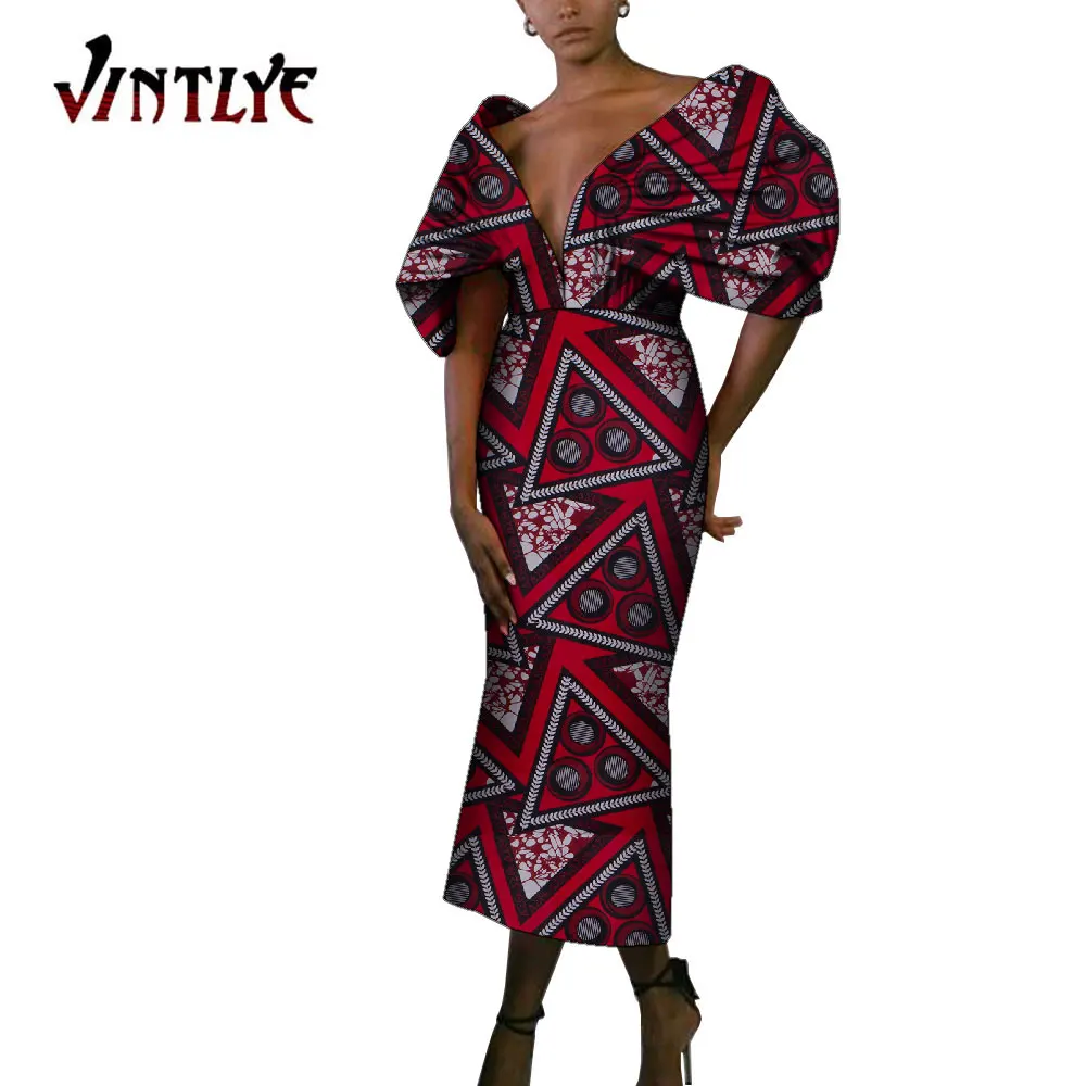 

Elegant African Print Dresses Women Fashion Traditional Ankara Print Maxi Long Dress Sexy V-neck African Dashiki Clothes WY9695