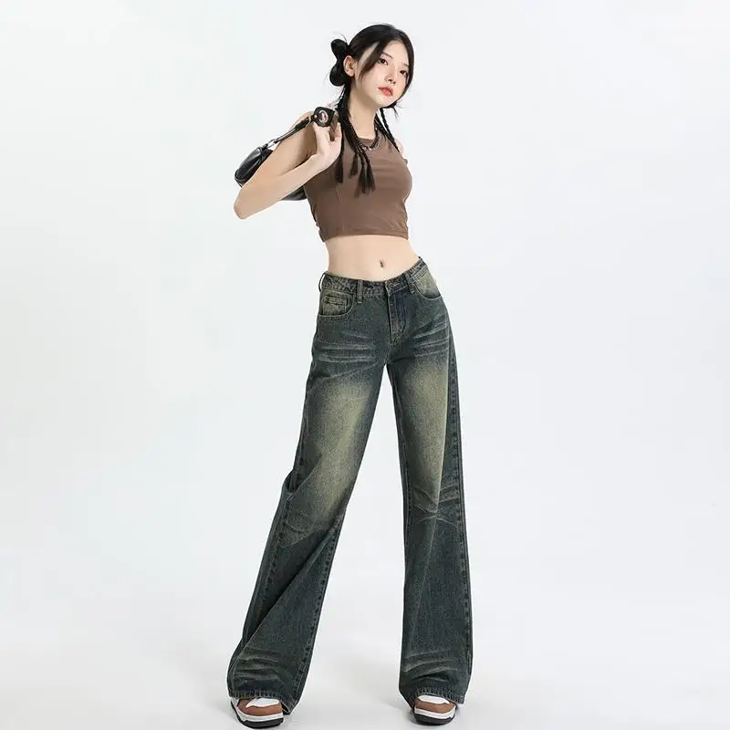 

Американские ретро популярные брюки для девочек, летние широкие брюки с низкой талией, изношенные прямые джинсы с потертостями и шваброй, новинка 2023, женские