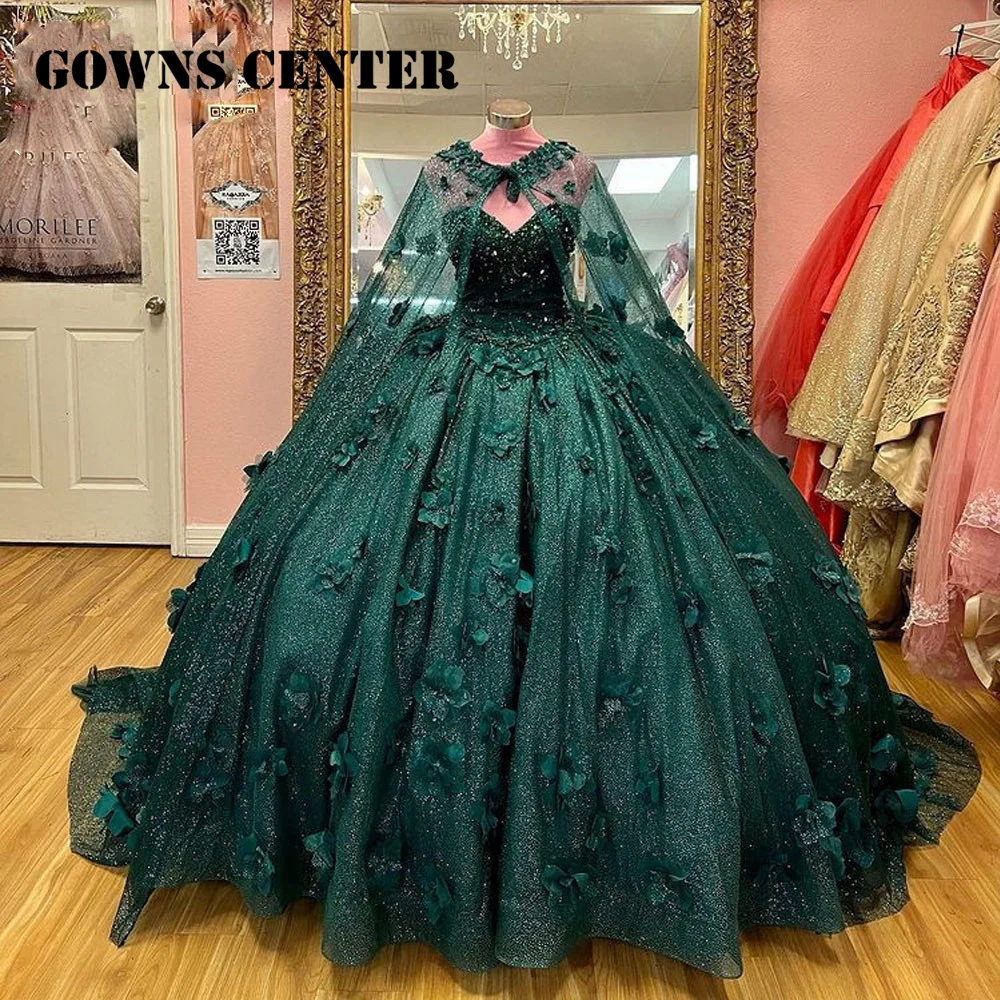 

Emerald Green Shiny Quinceanera Dress 2023 With Cape Ball Gown Sleeveless 3D Flowers Corset Vestido De 15 Anos