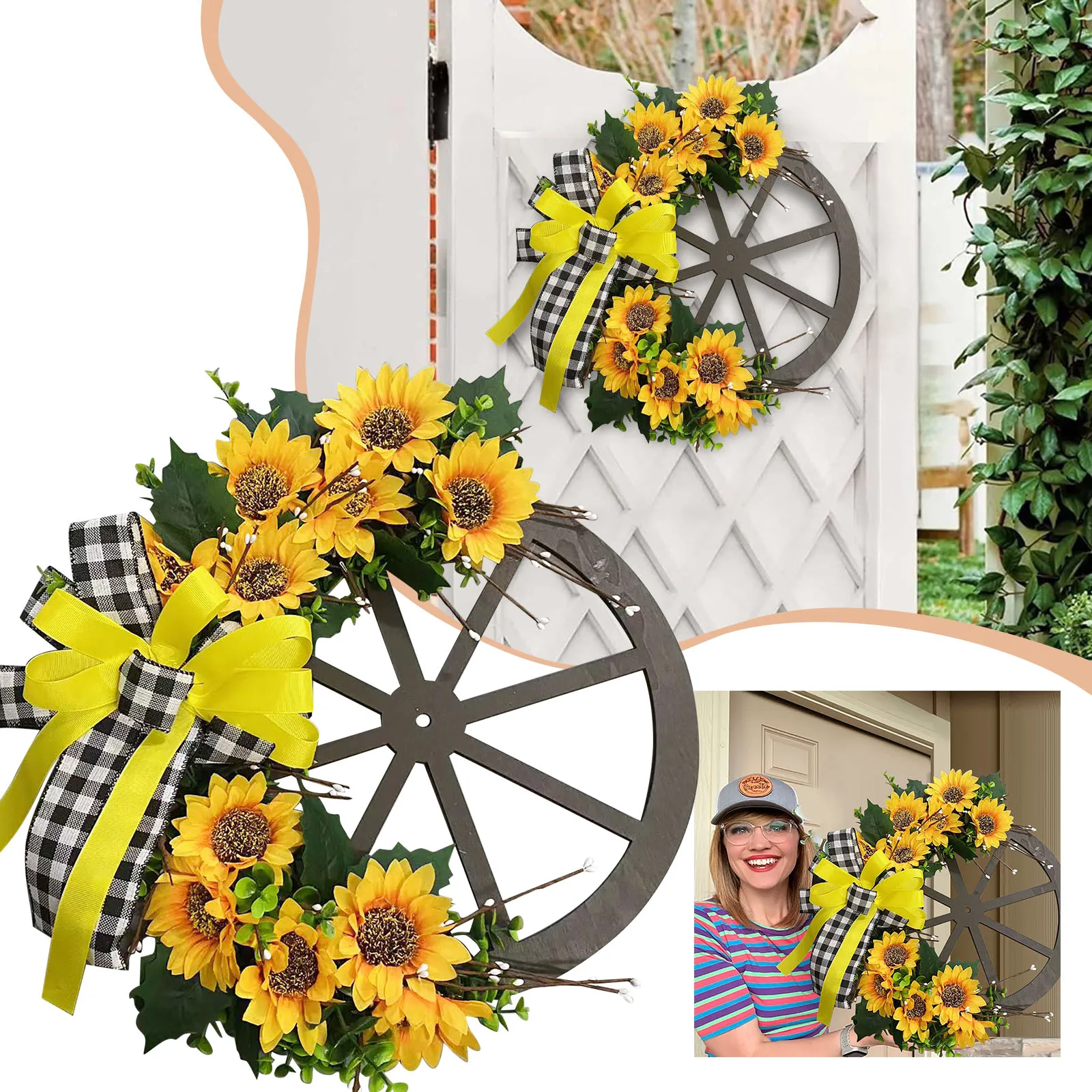 

Summer Family Wheel Sunflower Wreath Farmhouse Simulation Flower Wooden Wheel Disc Door Hanging Bunny Butt And Ears for Wreath