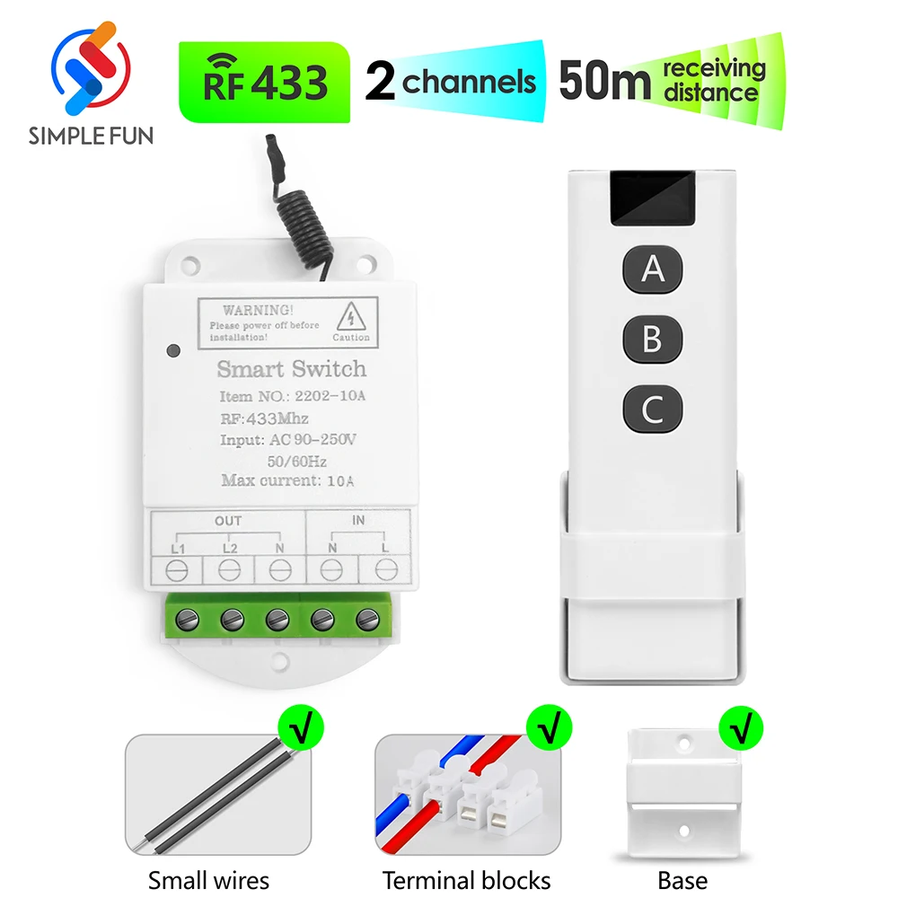 

433MHz Wireless Light Switch AC 90V 250V 10A 2 Channel Relay Receiver Remote ON OFF for Lamp Fan Roller blinds Motor Garage Gate