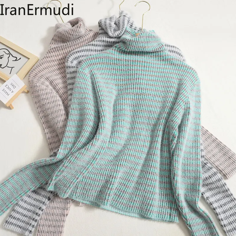 

Iranermudi Women Knitted Sweater Striped Turtleneck Long Sleeves Pullover Autumn Winter Lady Casual Stretchy Tops Sweaters