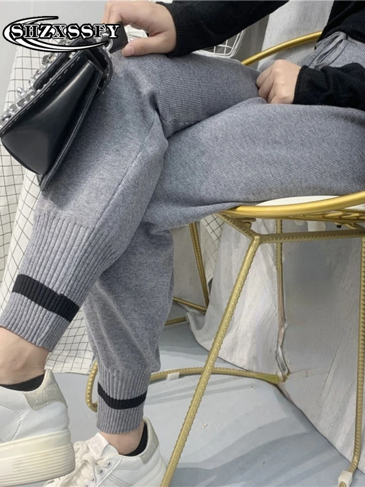 Женские Повседневные вязаные брюки свободные шаровары утолщенная шнуровка