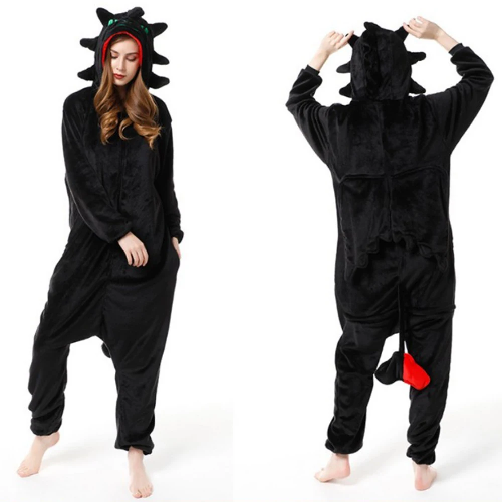 Anime Black Dragon Costume Kigurumi Onesies Pijimas Animal Winter Flannel Pajamas Unisex Adults Halloween Party Costume Jumpsuit
