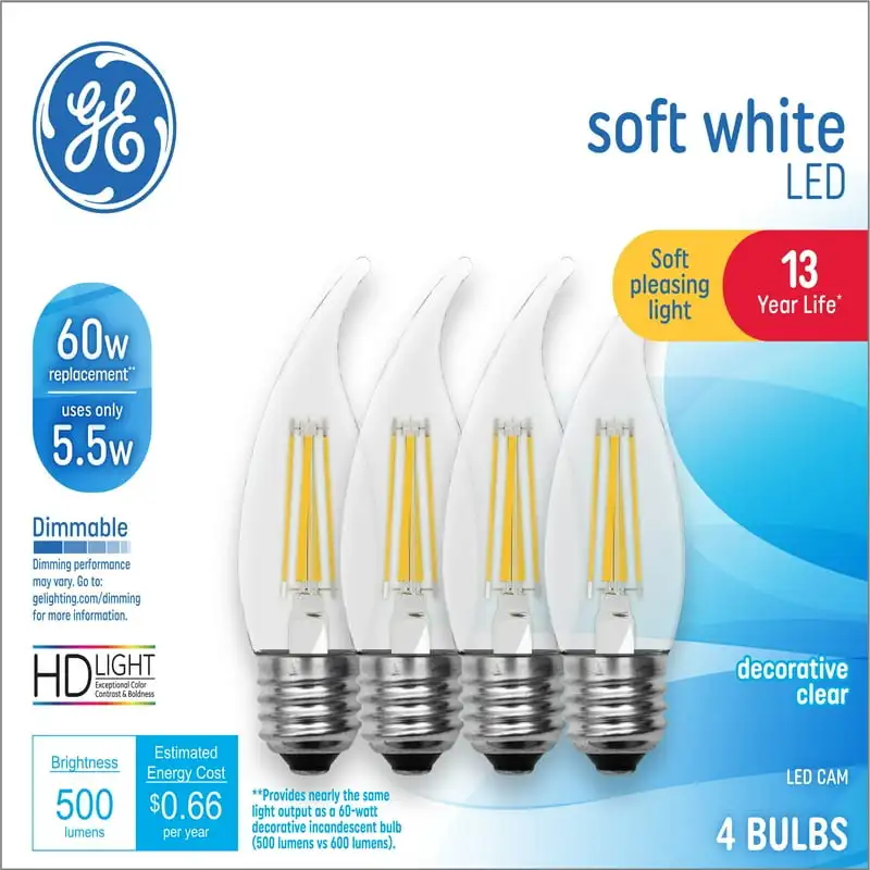 

White LED Decorative Light Bulbs, 60 Watt Eqv, Medium Base, 13 year, 4pk