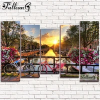 fullcang 5 piece diamond painting large sunset river landscape full mosaic embroidery house multi picture home decor fg1264