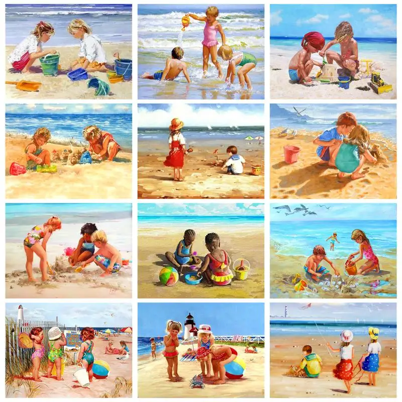 

RUOPOTY Oil Painting By Number Diy Crafts Children On Beach Acrylic Paint Gift For Adult Home Decors On Canvas Picture On Number