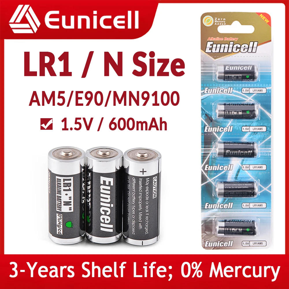 Eunicell LR1 N Size Alkaline Batteries for Toys Speaker Players Remote Control, 600mAh LR 1 AM5 E90 MN9100 910A 1.5V Dry Battery