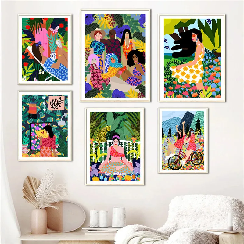 

Colorful Bohemian Style Abstract Girl Flower Plant Canvas Painting Wall Art Poster Bedroom Living Room Decoration Home Decor
