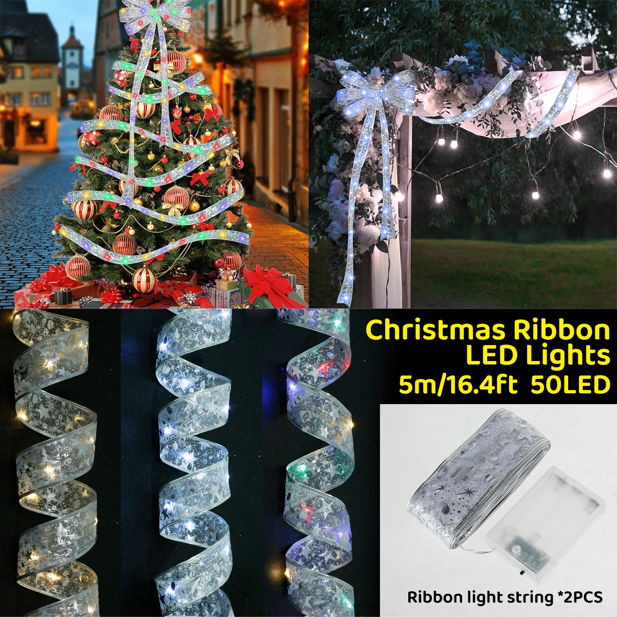 

New 2 Pack Christmas Ribbon Lights 16.4ft LED Christmas Tree Ribbon Lights with 2 Modes Battery Operated Christmas Fairy String