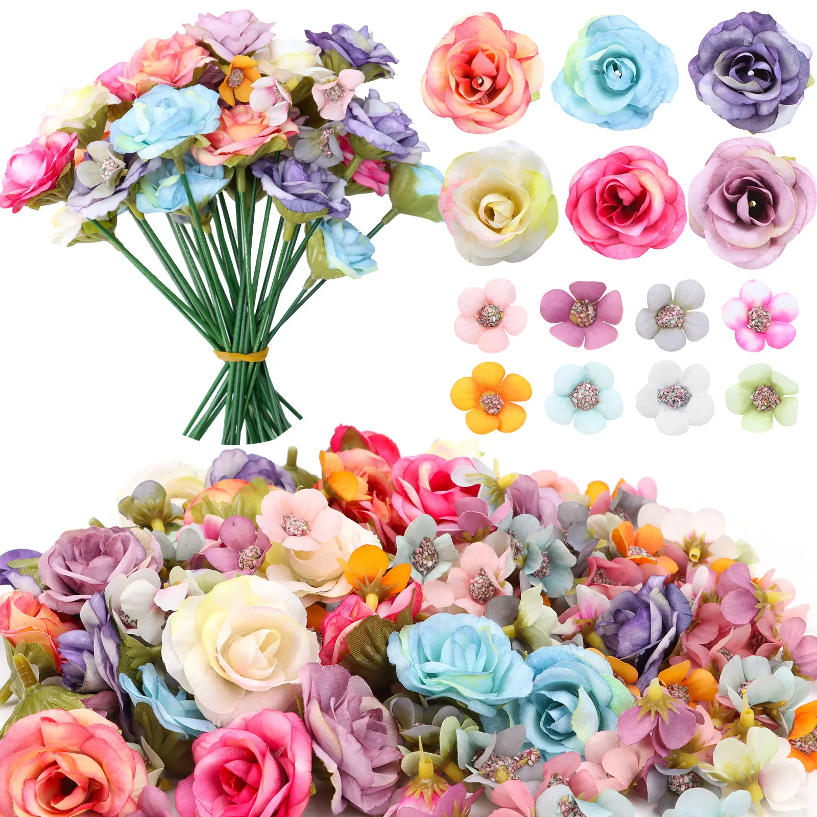 

220 Pieces Mini Flower Heads,Artificial Rose Flowers with Stems Artificial Flowers for Wedding Home Decoration